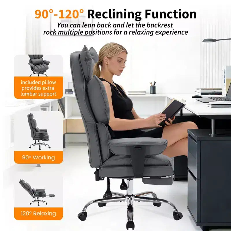 Fauteuil de bureau ergonomique avec repose-pieds réglable et haut dossier, design confortable en cuir, parfait pour la maison ou le bureau