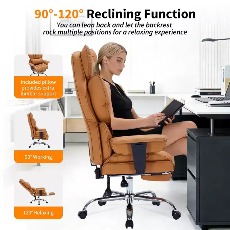 Fauteuil de bureau ergonomique avec repose-pieds réglable et haut dossier, design confortable en cuir, parfait pour la maison ou le bureau