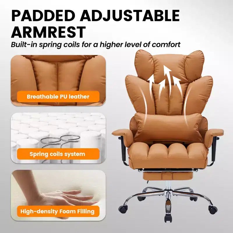 Fauteuil de bureau ergonomique avec repose-pieds réglable et haut dossier, design confortable en cuir, parfait pour la maison ou le bureau