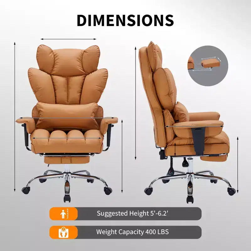 Fauteuil de bureau ergonomique avec repose-pieds réglable et haut dossier, design confortable en cuir, parfait pour la maison ou le bureau