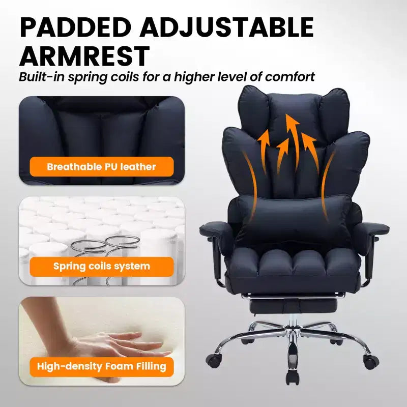 Fauteuil de bureau ergonomique avec repose-pieds réglable et haut dossier, design confortable en cuir, parfait pour la maison ou le bureau