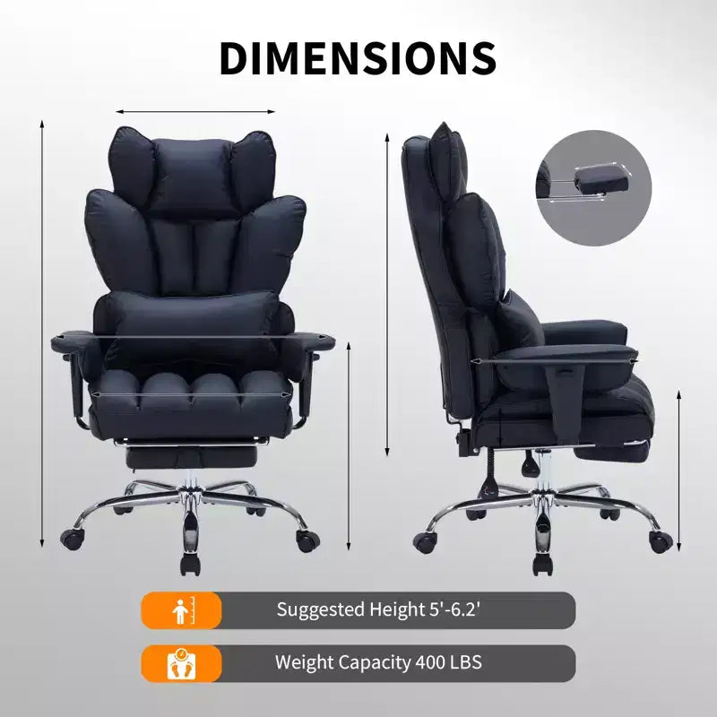 Fauteuil de bureau ergonomique avec repose-pieds réglable et haut dossier, design confortable en cuir, parfait pour la maison ou le bureau