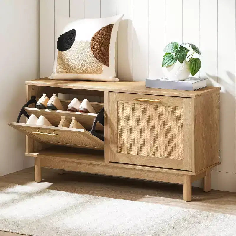 ACOINEL Shoe Storage Bench for Entryway, Rattan-Like Narrow Shoe Rack Bench with Flip Drawers & Rattan Doors, Natural Wooden Shoe Organizer