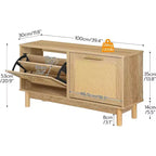 Banc de rangement pour chaussures ACOINEL pour entrée, banc à chaussures étroit aspect rotin avec tiroirs basculants et portes en rotin, organisateur de chaussures en bois naturel
