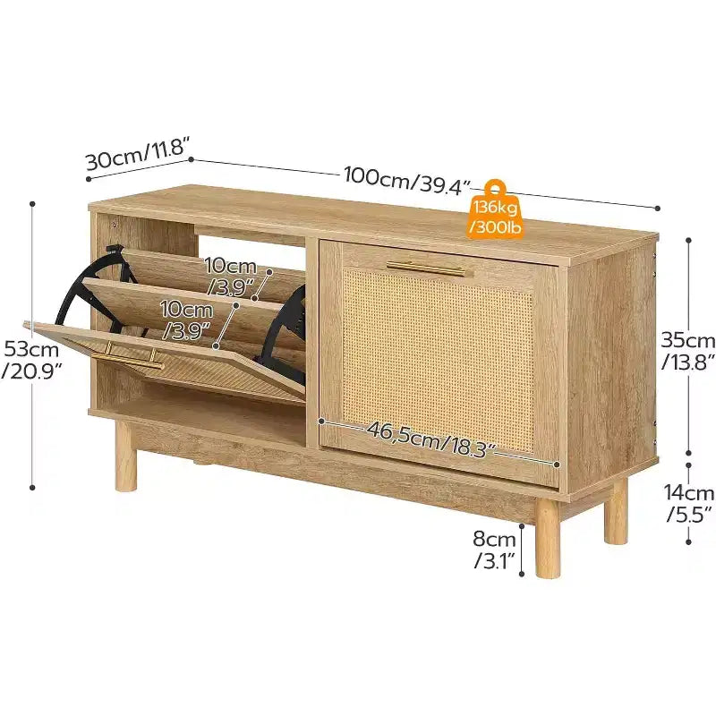 Banc de rangement pour chaussures ACOINEL pour entrée, banc à chaussures étroit aspect rotin avec tiroirs basculants et portes en rotin, organisateur de chaussures en bois naturel