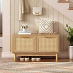 Banc de rangement pour chaussures ACOINEL pour entrée, banc à chaussures étroit aspect rotin avec tiroirs basculants et portes en rotin, organisateur de chaussures en bois naturel