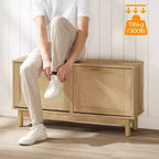 Banc de rangement pour chaussures ACOINEL pour entrée, banc à chaussures étroit aspect rotin avec tiroirs basculants et portes en rotin, organisateur de chaussures en bois naturel