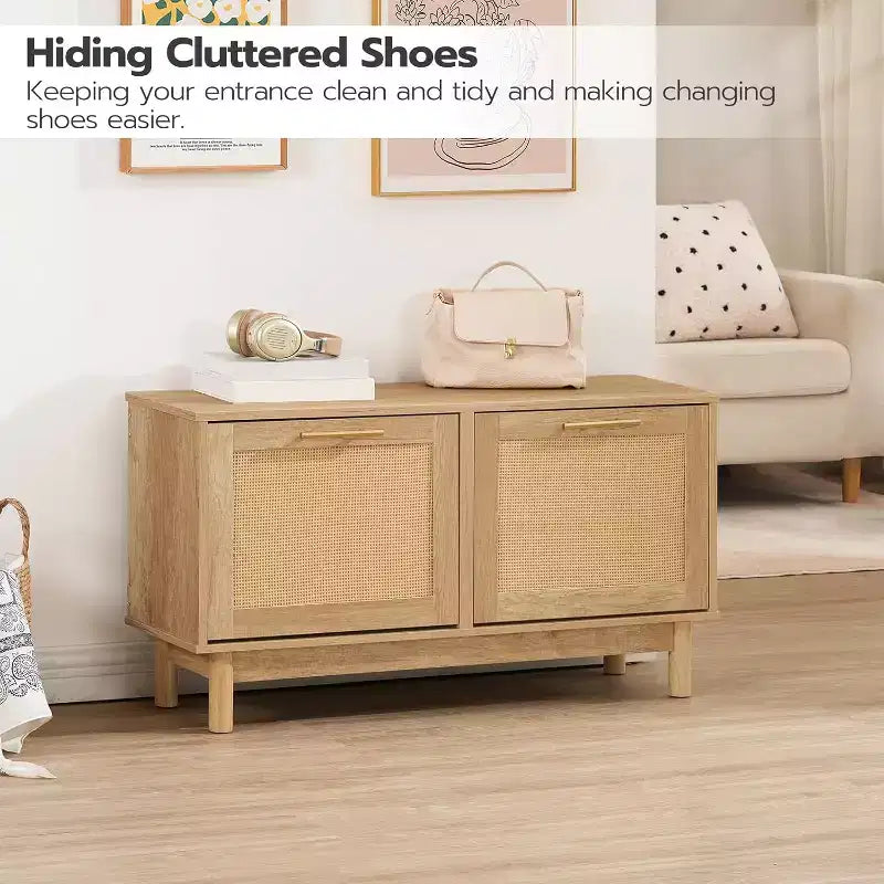 Banc de rangement pour chaussures ACOINEL pour entrée, banc à chaussures étroit aspect rotin avec tiroirs basculants et portes en rotin, organisateur de chaussures en bois naturel