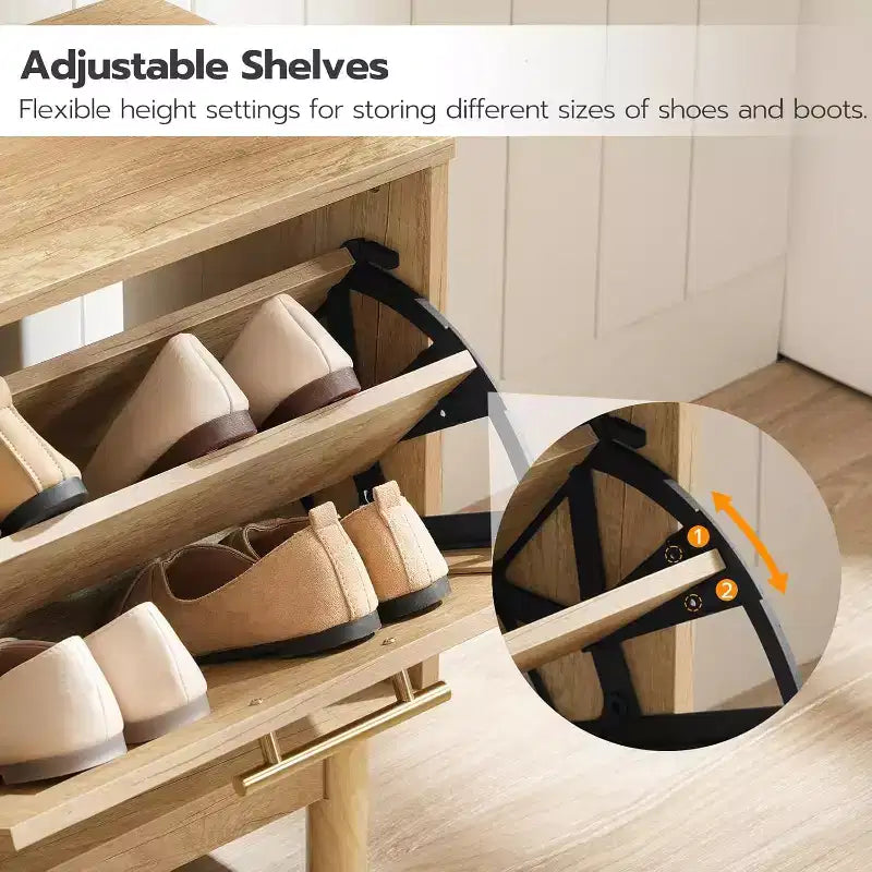 Banc de rangement pour chaussures ACOINEL pour entrée, banc à chaussures étroit aspect rotin avec tiroirs basculants et portes en rotin, organisateur de chaussures en bois naturel
