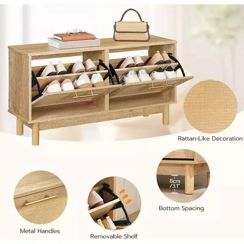 Banc de rangement pour chaussures ACOINEL pour entrée, banc à chaussures étroit aspect rotin avec tiroirs basculants et portes en rotin, organisateur de chaussures en bois naturel