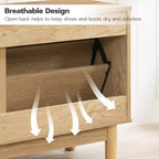 Banc de rangement pour chaussures ACOINEL pour entrée, banc à chaussures étroit aspect rotin avec tiroirs basculants et portes en rotin, organisateur de chaussures en bois naturel