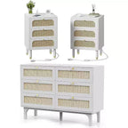 VINGLI Rattan Dresser and Nightstands Sets 3 Piece, White Nightstands with Charging Station Set of 2, 6 Drawer Double Dresser