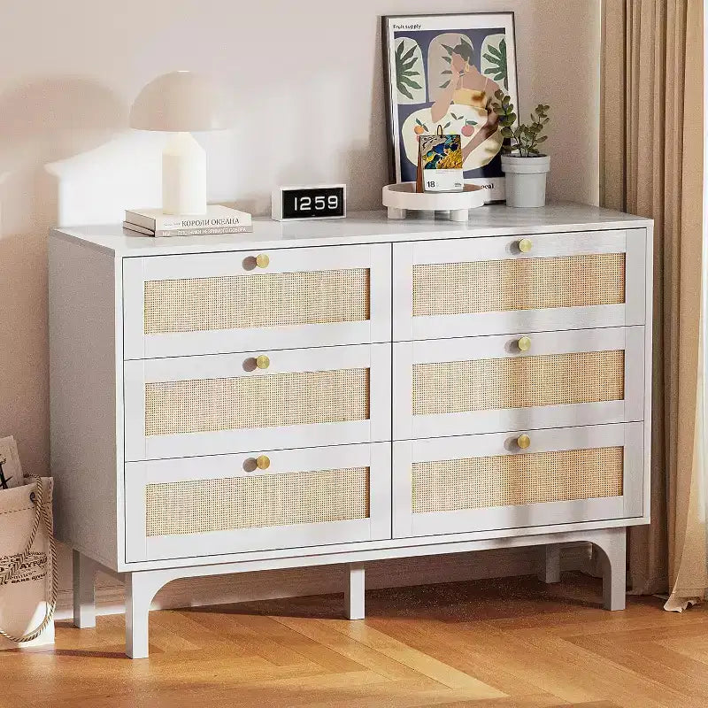 Ensemble commode et tables de chevet en rotin VINGLI 3 pièces, tables de chevet blanches avec station de recharge (lot de 2), commode double à 6 tiroirs