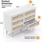 Ensemble commode et tables de chevet en rotin VINGLI 3 pièces, tables de chevet blanches avec station de recharge (lot de 2), commode double à 6 tiroirs
