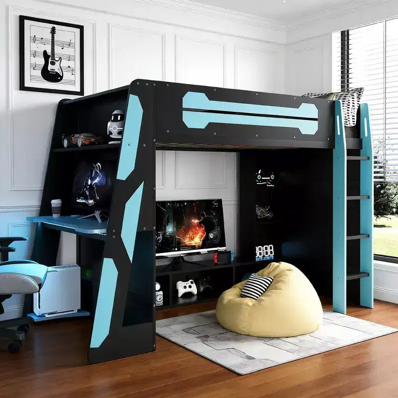 Luxystar Twin Size Modern Loft Bed With Light Computer Desk, Bookcase and Entertainment Center