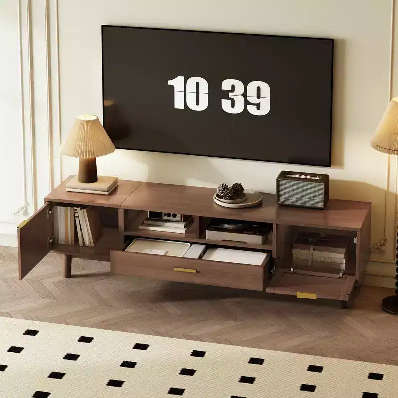 Meuble TV GDFStudio Gael en bois avec armoire à porte abattante en rotin et porte à motifs linéaires