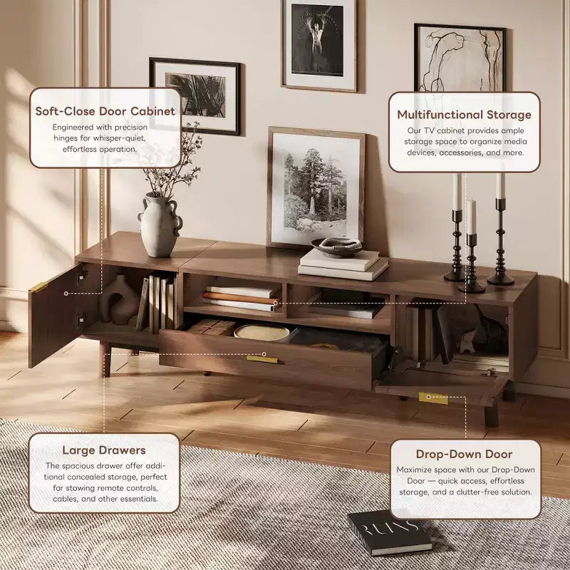 Meuble TV GDFStudio Gael en bois avec armoire à porte abattante en rotin et porte à motifs linéaires