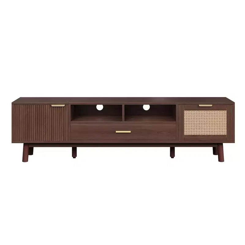 Meuble TV GDFStudio Gael en bois avec armoire à porte abattante en rotin et porte à motifs linéaires