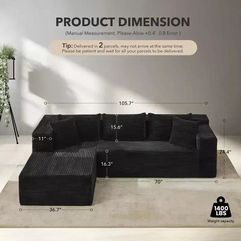 Canapé d'angle modulaire 106 places, Canapé-lit en forme de L surdimensionné et confortable avec assise profonde, Aucun assemblage requis pour le salon