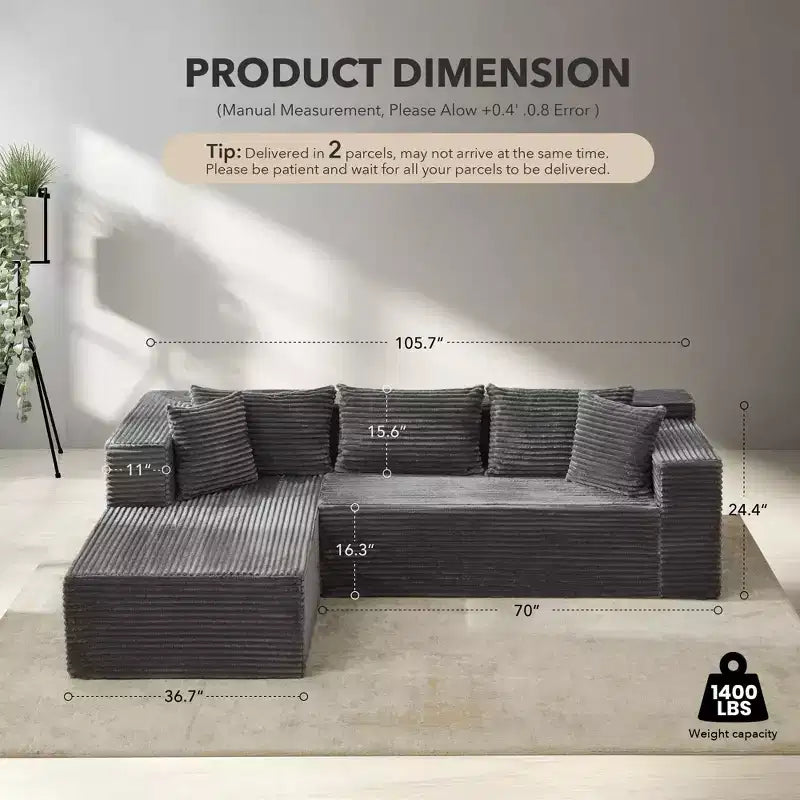 Canapé d'angle modulaire 106 places, Canapé-lit en forme de L surdimensionné et confortable avec assise profonde, Aucun assemblage requis pour le salon