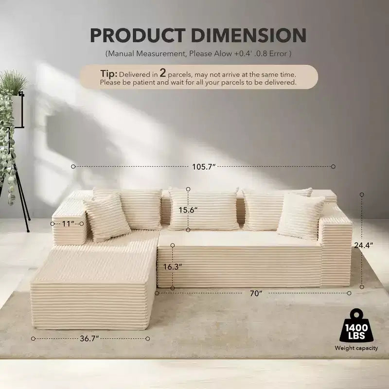 Canapé d'angle modulaire 106 places, Canapé-lit en forme de L surdimensionné et confortable avec assise profonde, Aucun assemblage requis pour le salon