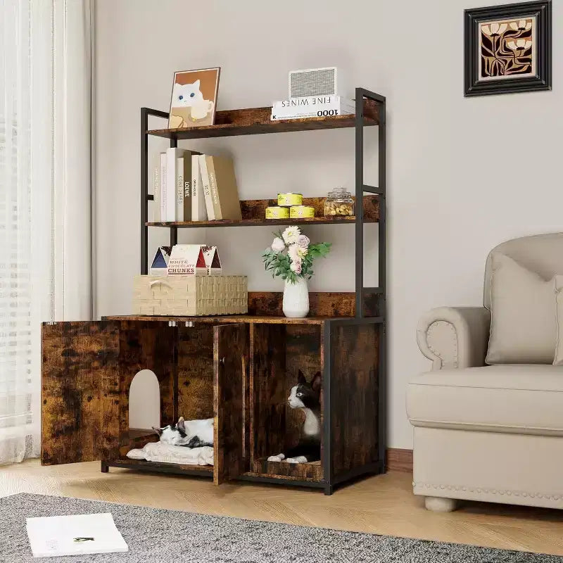 Meuble de litière caché pour chat avec 2 portes et étagères, meuble de toilette pour chat de 132 cm avec griffoir, maison pour animaux en bois pour salon
