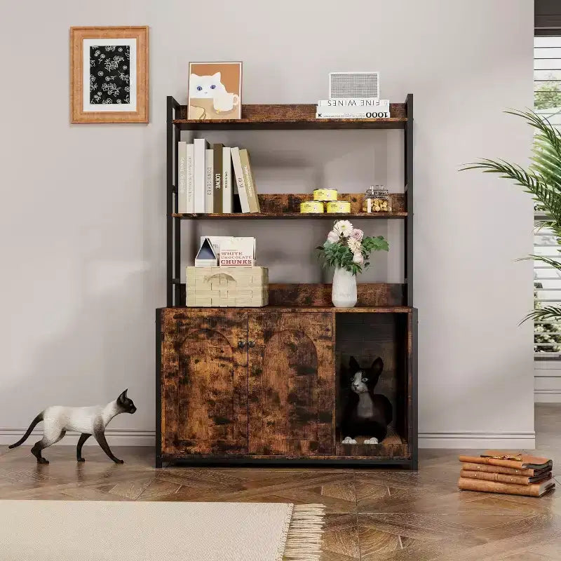 Meuble de litière caché pour chat avec 2 portes et étagères, meuble de toilette pour chat de 132 cm avec griffoir, maison pour animaux en bois pour salon