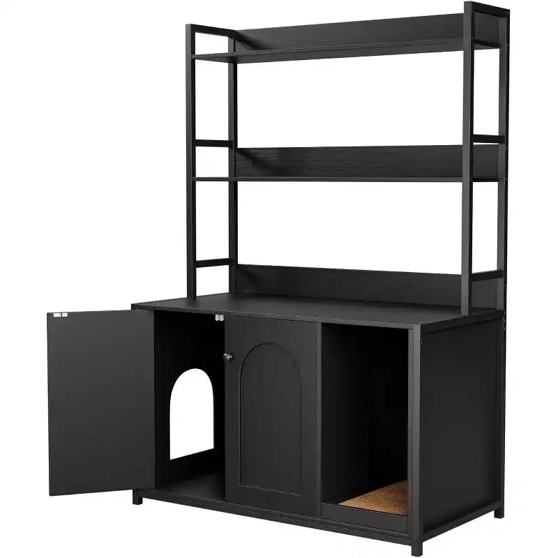 Meuble de litière caché pour chat avec 2 portes et étagères, meuble de toilette pour chat de 132 cm avec griffoir, maison pour animaux en bois pour salon