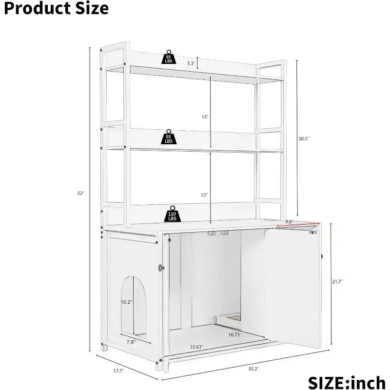 Meuble de litière caché pour chat avec 2 portes et étagères, meuble de toilette pour chat de 132 cm avec griffoir, maison pour animaux en bois pour salon