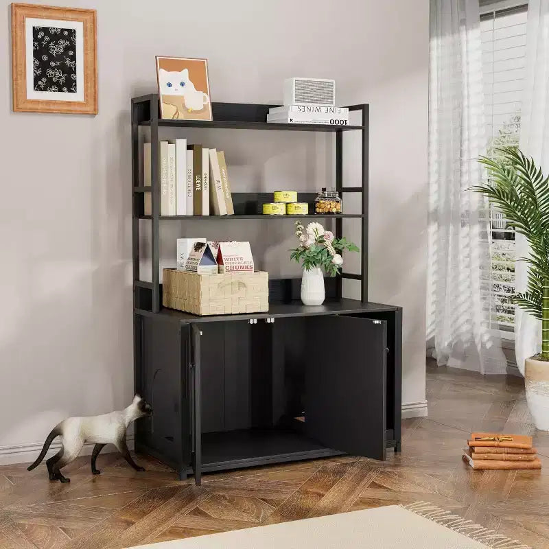 Meuble de litière caché pour chat avec 2 portes et étagères, meuble de toilette pour chat de 132 cm avec griffoir, maison pour animaux en bois pour salon