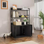 Meuble de litière caché pour chat avec 2 portes et étagères, meuble de toilette pour chat de 132 cm avec griffoir, maison pour animaux en bois pour salon