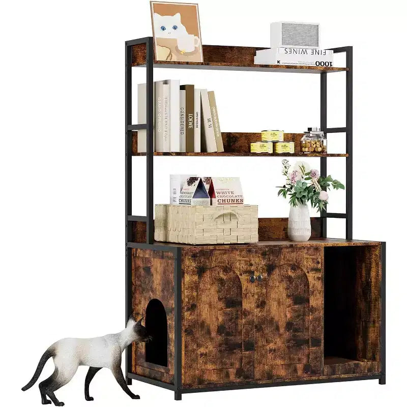 Meuble de litière caché pour chat avec 2 portes et étagères, meuble de toilette pour chat de 132 cm avec griffoir, maison pour animaux en bois pour salon