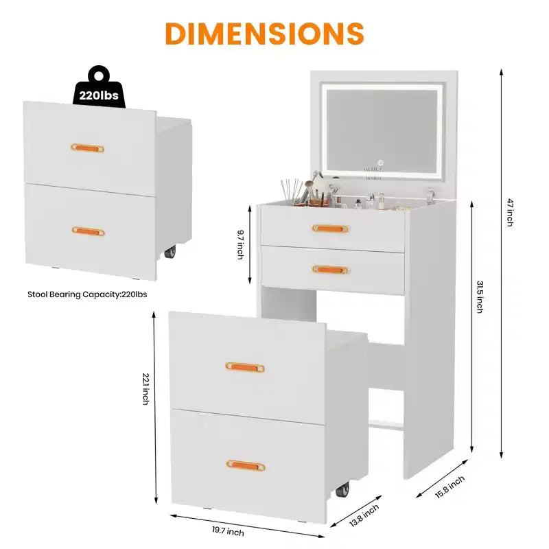 COZONY Petite coiffeuse avec miroir LED, chaise de rangement roulante, coiffeuse compacte 3-en-1 pour chambre à coucher