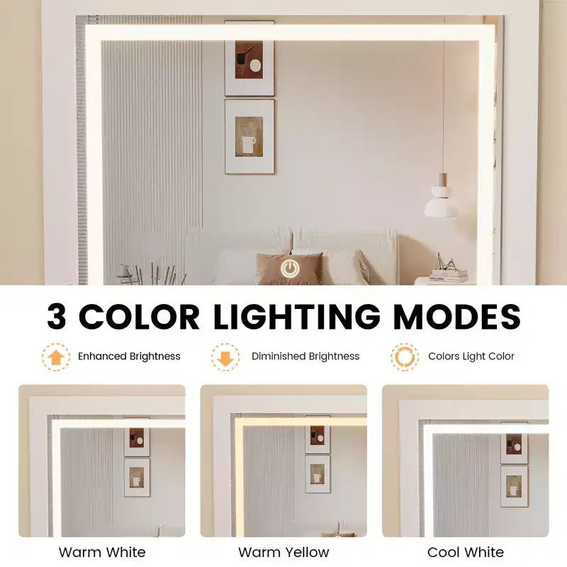 COZONY Petite coiffeuse avec miroir LED, chaise de rangement roulante, coiffeuse compacte 3-en-1 pour chambre à coucher