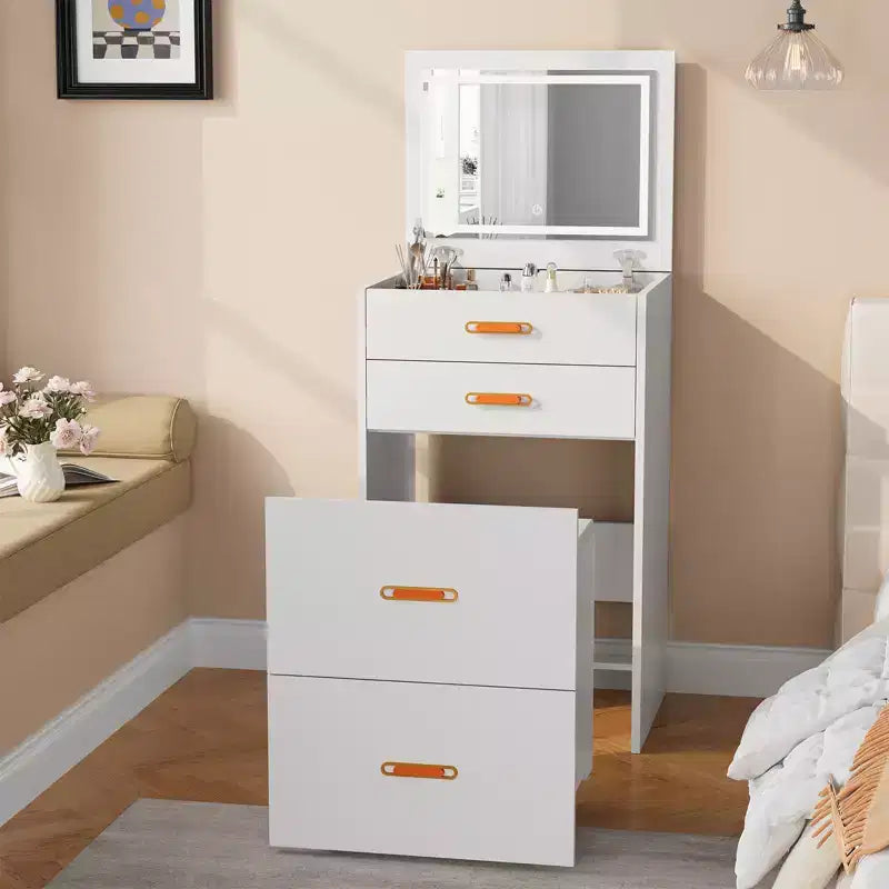 COZONY Petite coiffeuse avec miroir LED, chaise de rangement roulante, coiffeuse compacte 3-en-1 pour chambre à coucher