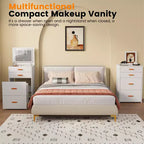 COZONY Petite coiffeuse avec miroir LED, chaise de rangement roulante, coiffeuse compacte 3-en-1 pour chambre à coucher
