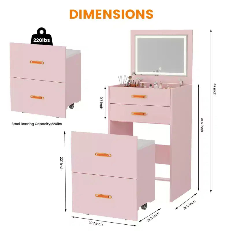 COZONY Petite coiffeuse avec miroir LED, chaise de rangement roulante, coiffeuse compacte 3-en-1 pour chambre à coucher