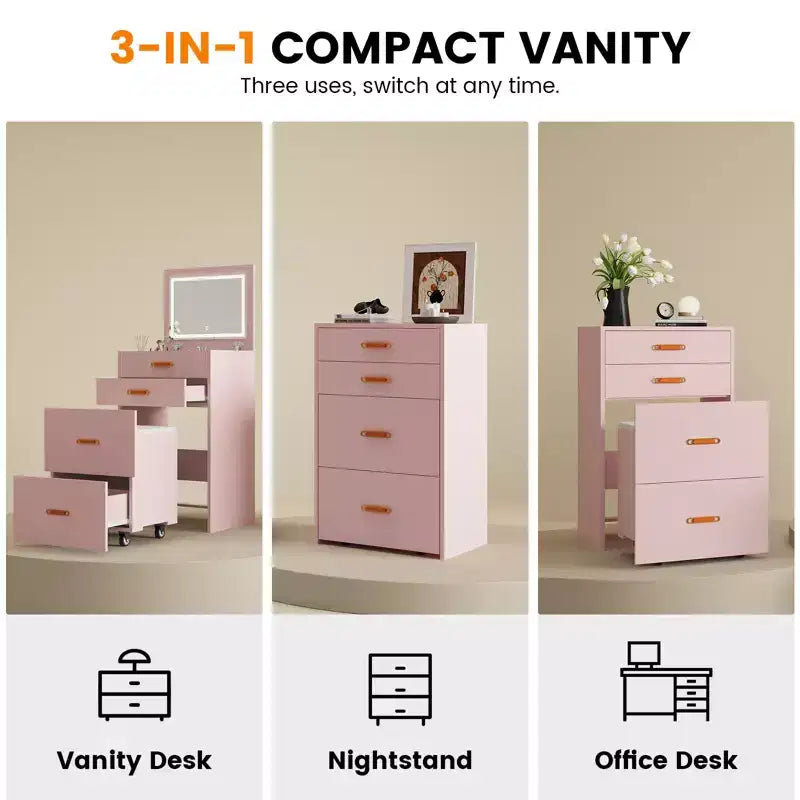 COZONY Petite coiffeuse avec miroir LED, chaise de rangement roulante, coiffeuse compacte 3-en-1 pour chambre à coucher