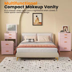 COZONY Petite coiffeuse avec miroir LED, chaise de rangement roulante, coiffeuse compacte 3-en-1 pour chambre à coucher