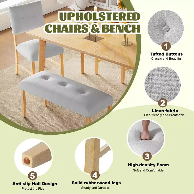 Ensemble de salle à manger rustique 6 pièces avec table en bois, 4 chaises et banc pour 6 personnes