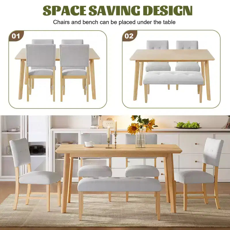 Ensemble de salle à manger rustique 6 pièces avec table en bois, 4 chaises et banc pour 6 personnes