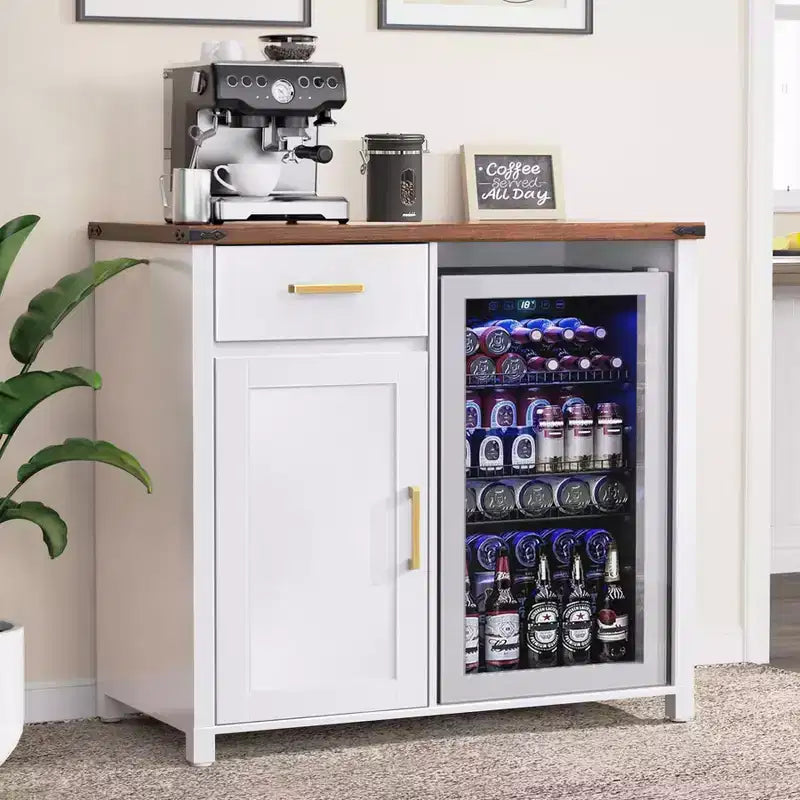 GDLF Coffee Bar with Mini Fridge Space, Mini Fridge Cabinet StandLiquor Wine Cabinet for Dorm, Kitchen or Office, 39.4W X 20.9 D TabletopWhite