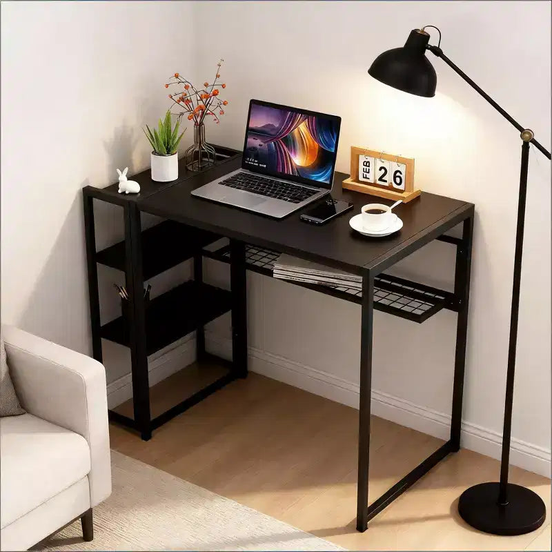 35 inch Folding Desk Writing Computer Desk with Storage Shelf for Bedroom, Home Office