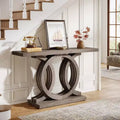 Lantine 55-Inch Console Table with Geometric Wood Base, Modern Entryway Table with Thick Tabletop for Living Room, Hallway, Foyer, Brown
