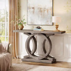Console Lantine de 55 po avec piètement géométrique en bois, table d'entrée moderne avec plateau épais pour salon, couloir, foyer, marron