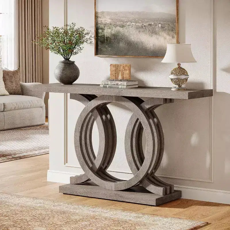 Console Lantine de 55 po avec piètement géométrique en bois, table d'entrée moderne avec plateau épais pour salon, couloir, foyer, marron