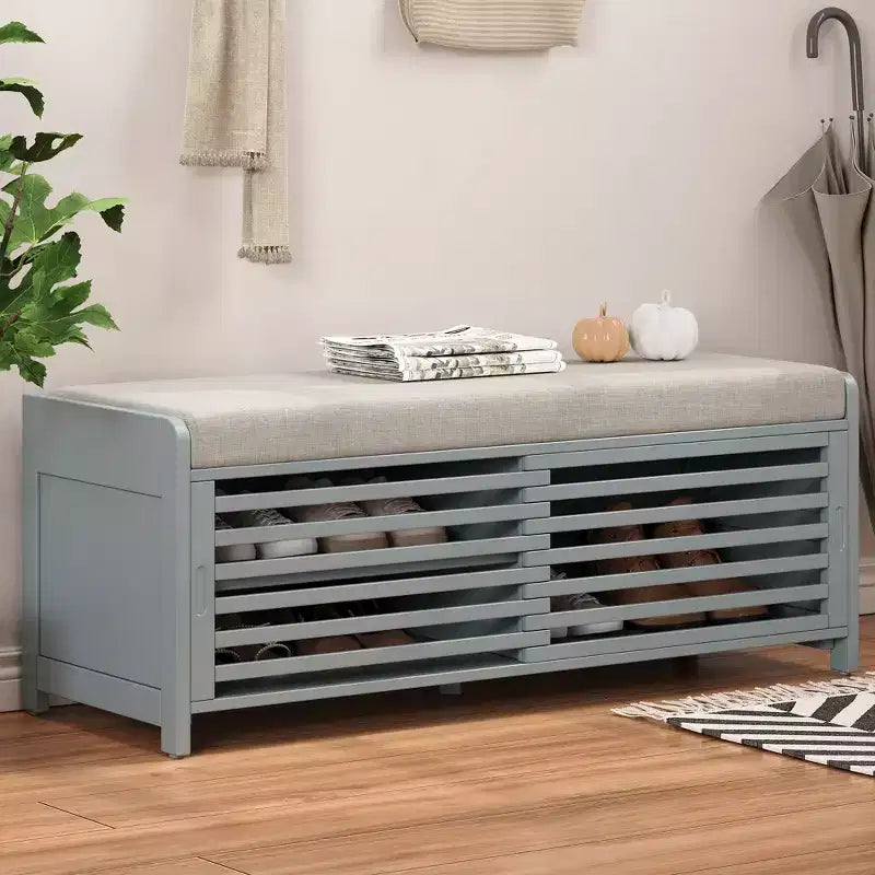 Shutter Storage Ottoman with Cushion, Entryway Shoe Bench for Living Room and Hallway Organization