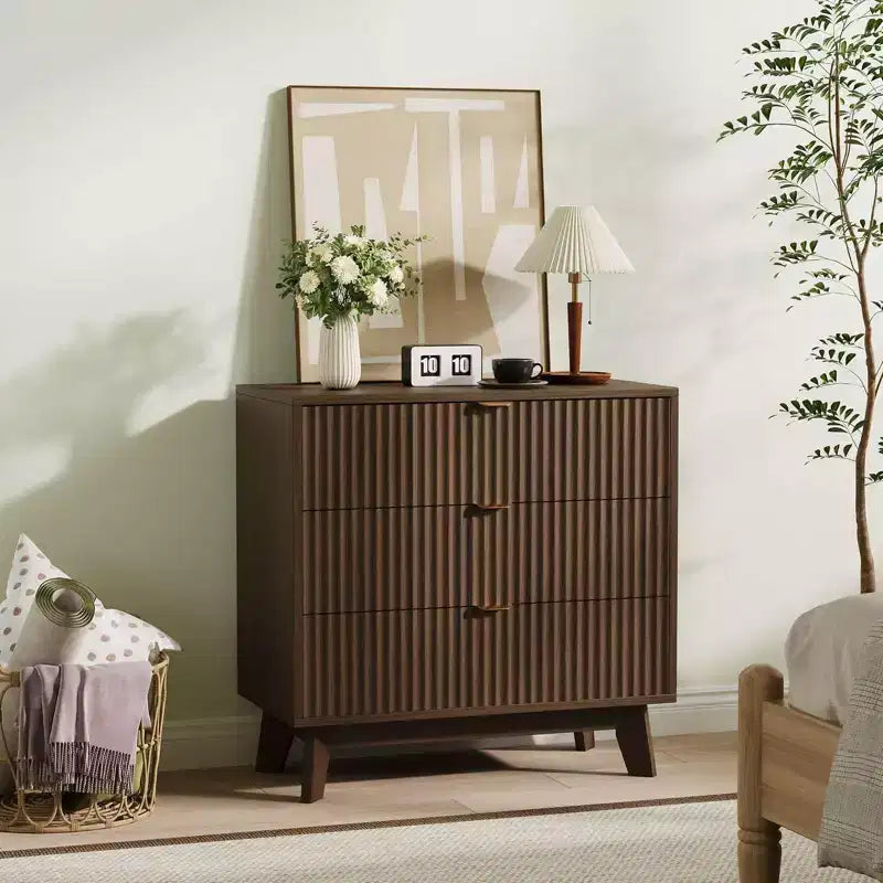 Fluted 3 Drawer Chest of Drawers - Multifunctional Buffet Sideboard for Bedroom or Living Room - Ample Storage Space, for Clothes or Entryway