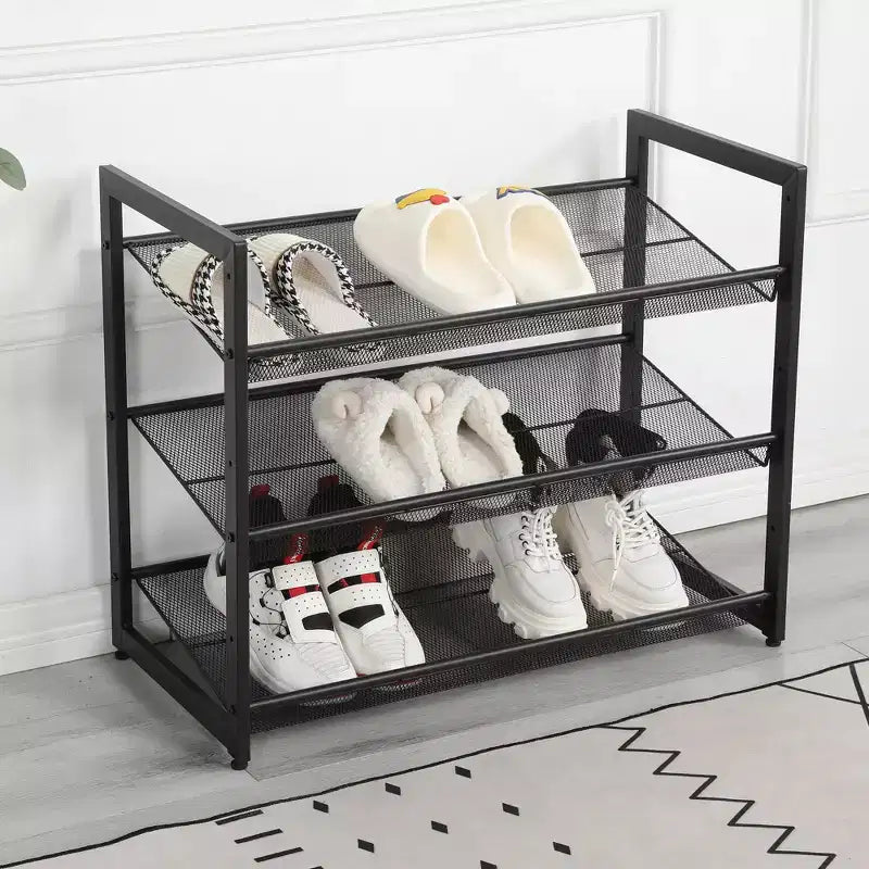 VIYET 24 Range-chaussures en métal réglable noir à 3 niveaux, organiseur de rangement autoportant avec 4 embouts antidérapants pour entrée, porte d'entrée