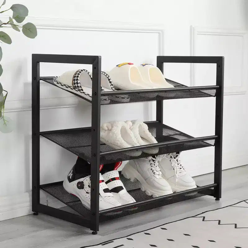 VIYET 24 Range-chaussures en métal réglable noir à 3 niveaux, organiseur de rangement autoportant avec 4 embouts antidérapants pour entrée, porte d'entrée